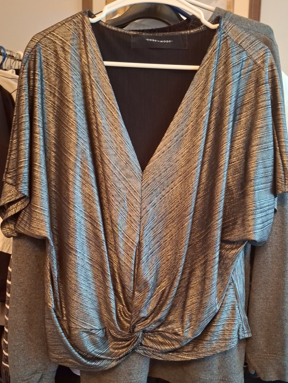 Knot-Front Metallic Silver V-Neck Blouse
